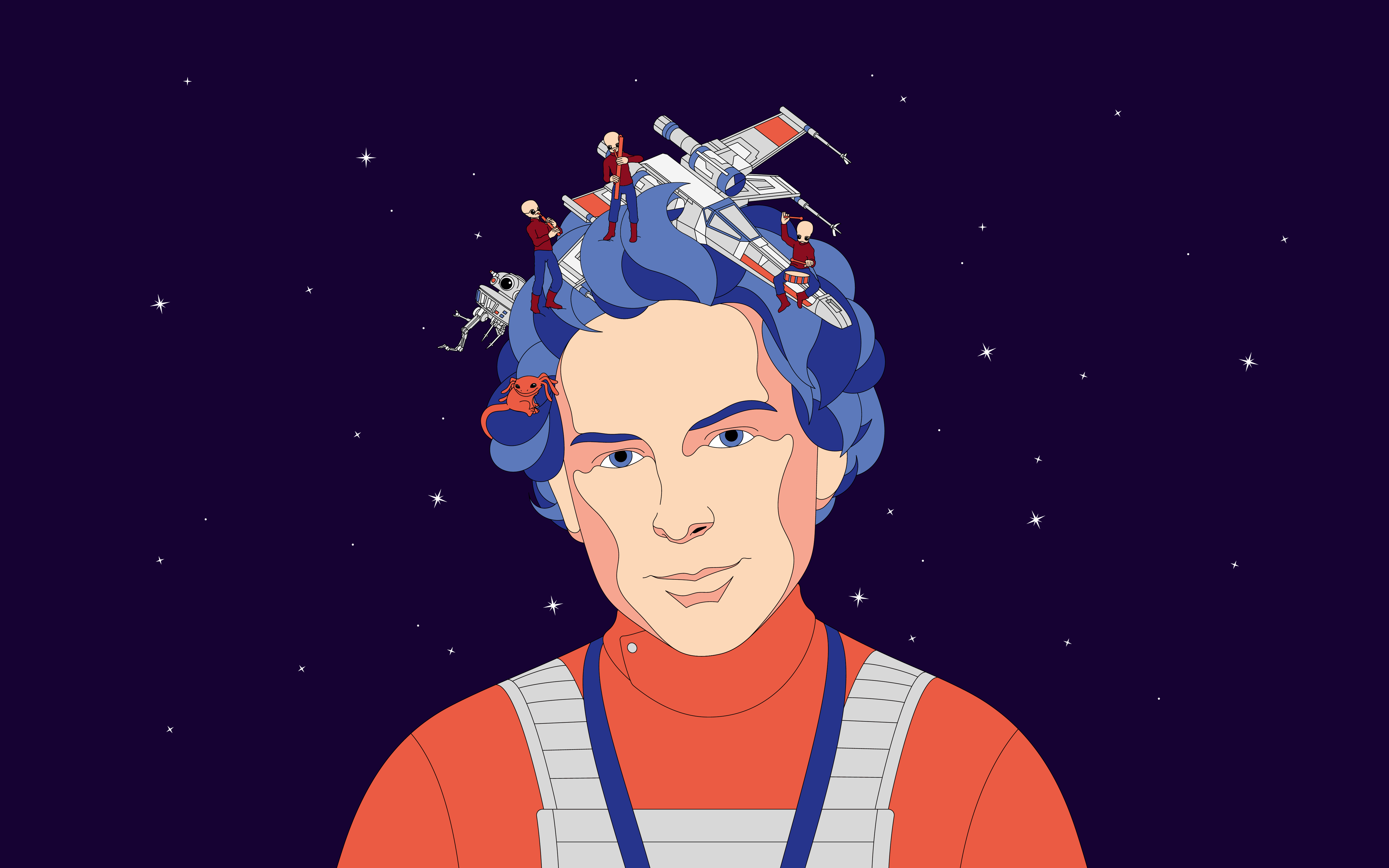Illustration eines Mannes mit Raumschiffen im Haar